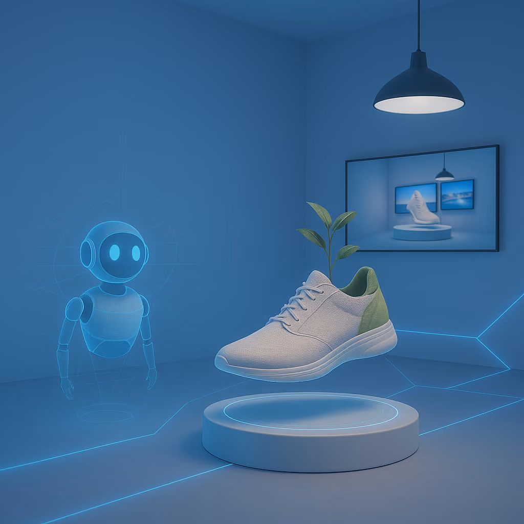 Imagem da experiência gamificada ‘Fábrica Encantada’, desenvolvida para a APICCAPS, com uma sapatilha flutuante de onde nasce uma planta, um robô holográfico e um ecrã futurista.