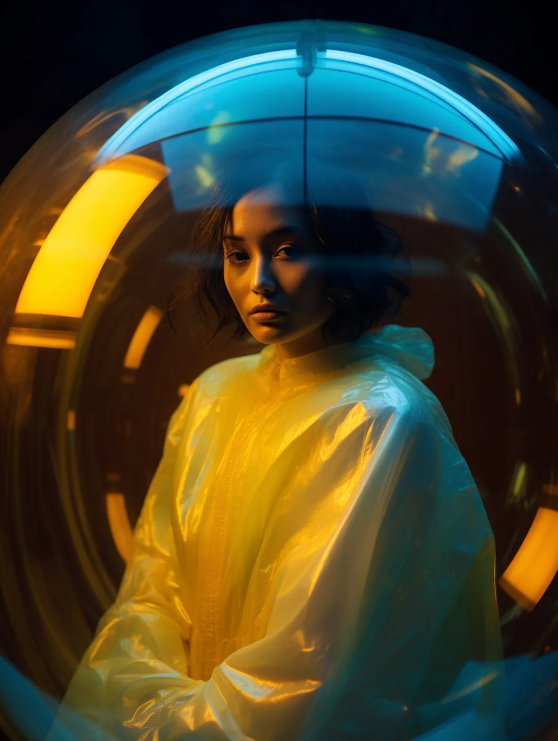 Imagem conceptual de uma mulher com uma capa de chuva amarela translúcida, no interior de uma estrutura esférica refletora, iluminada por luzes azuis e laranja.