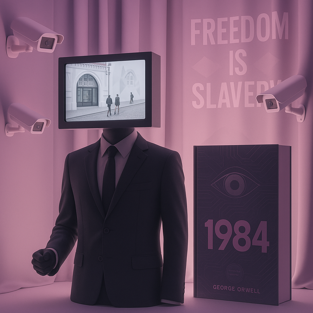 Montra da Livraria Lello inspirada no livro 1984, com uma figura de fato e cabeça em forma de televisão, câmaras de vigilância, o livro em destaque e a frase ‘Freedom is Slavery’.