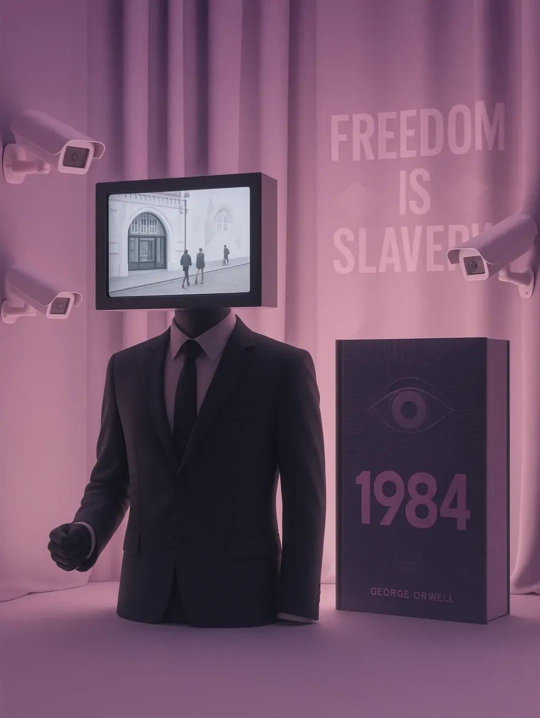 Montra da Livraria Lello inspirada no livro 1984, com uma figura de fato e cabeça em forma de televisão, câmaras de vigilância, o livro em destaque e a frase ‘Freedom is Slavery’.