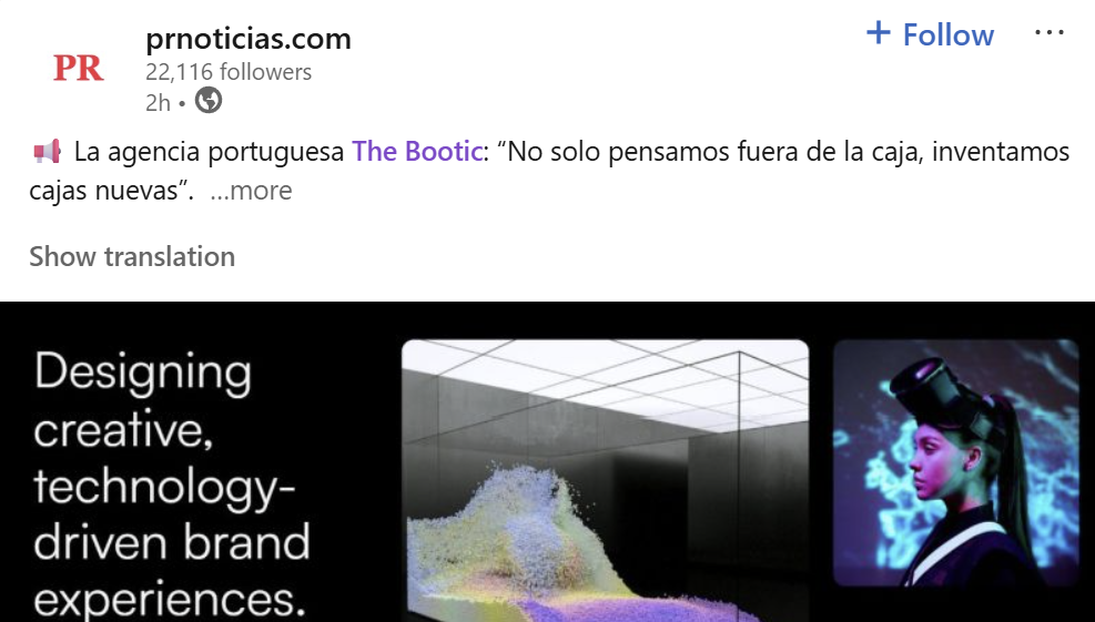 Captura de ecrã da publicação da PR Noticias sobre a Bootic em Madrid.
